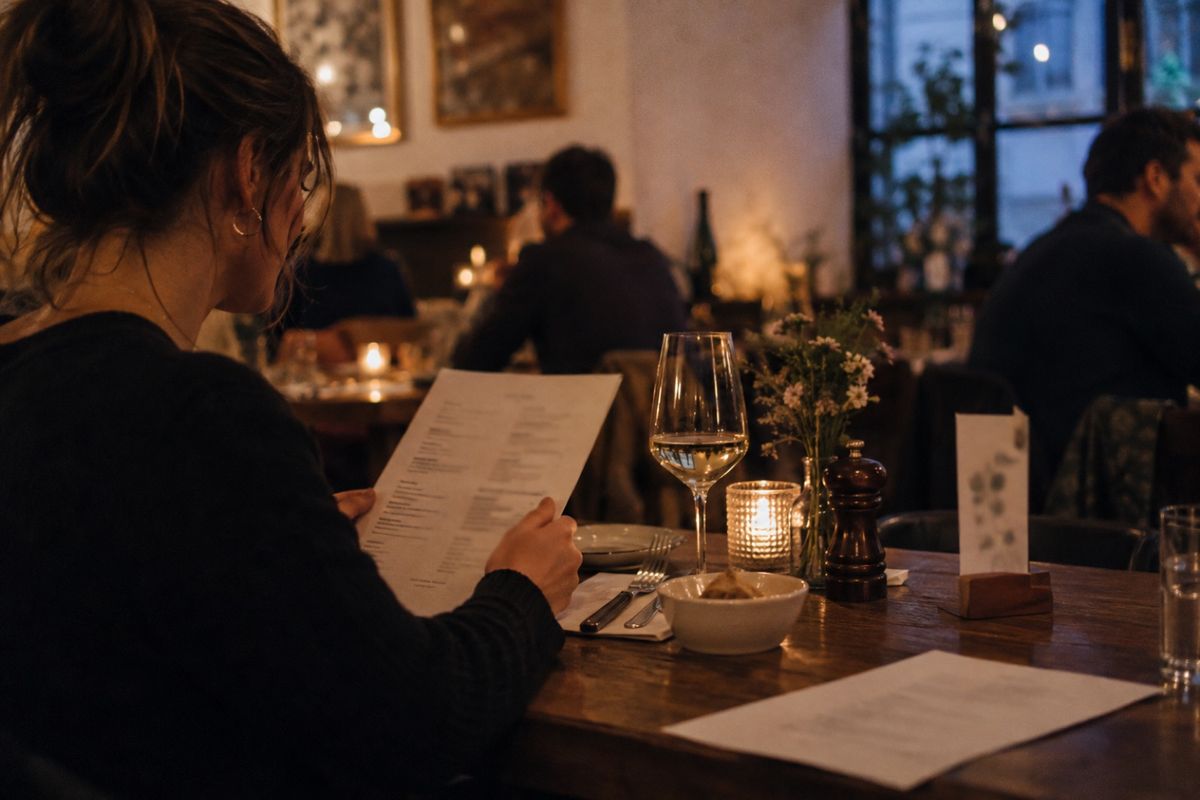 Ein Gast liest am Holztisch eines abendlichen Bistros die gedruckte Speisekarte, auf dem Tisch stehen ein Glas Weißwein, ein Windlicht, Wiesenblumen und ein kleiner Tischaufsteller, im Hintergrund sitzen weitere Gäste bei Kerzenlicht