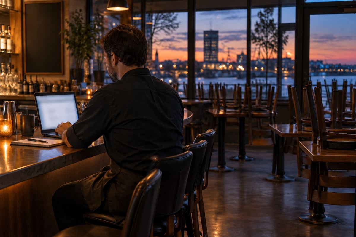 Ein Mann sitzt nach Feierabend an der Bar eines leeren Lokals und arbeitet am Laptop, durch die Fenster leuchtet die Stadt in der Abenddämmerung