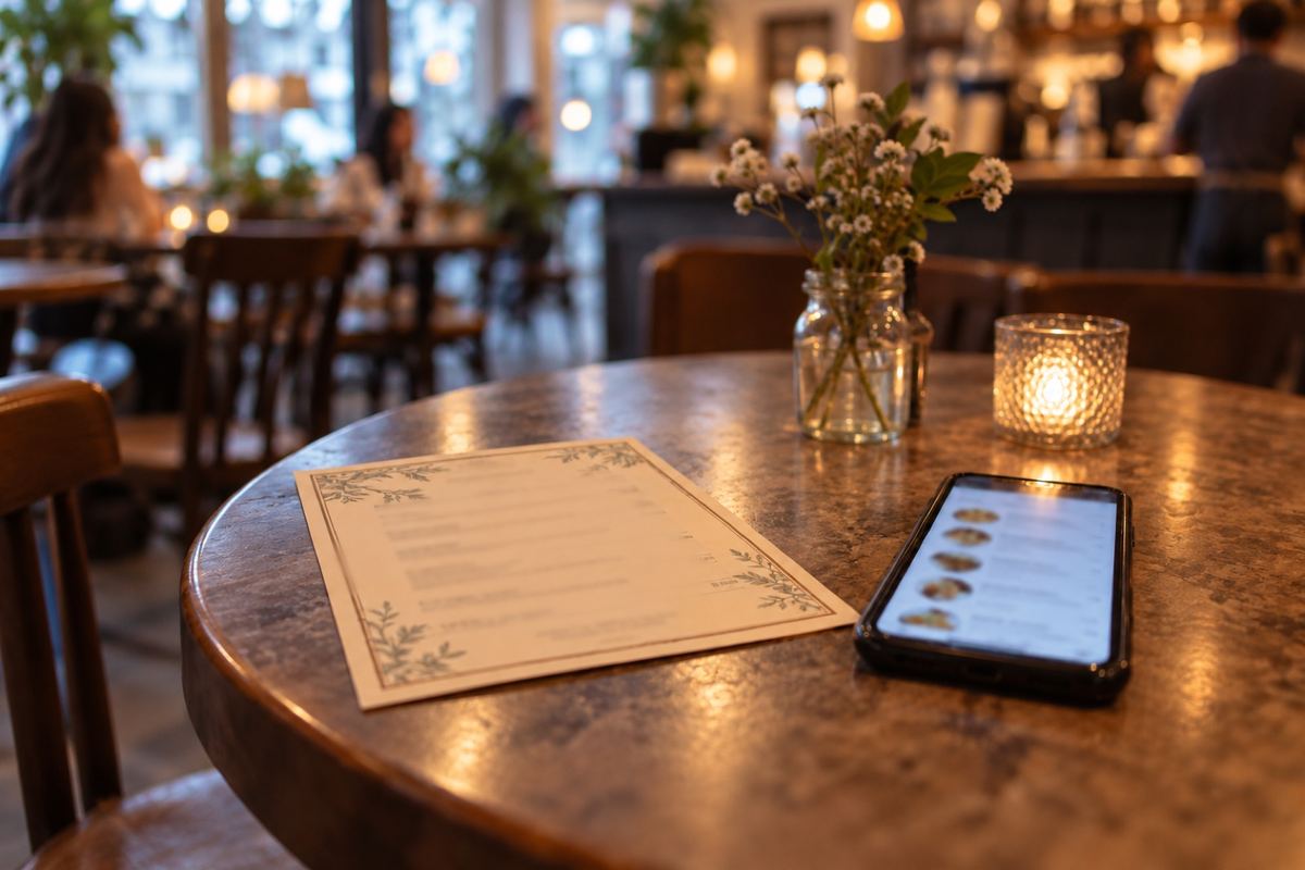 Runder Bistrotisch am Abend mit einer gedruckten Speisekarte, daneben ein Smartphone mit geöffneter digitaler Karte, ein Blumenglas und ein Windlicht