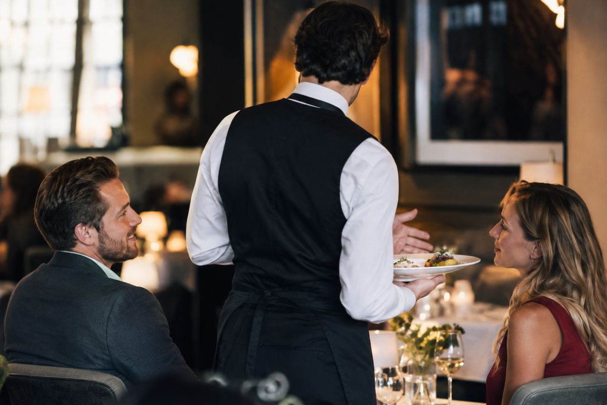 Ein Kellner bringt einem Paar im abendlichen Restaurant ein Gericht an den Tisch und weist mit der Hand darauf