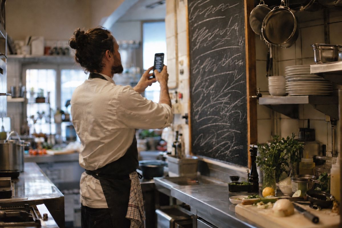 Koch in weißer Jacke und Schürze fotografiert in der Restaurantküche mit dem Smartphone die beschriebene Kreidetafel an der Wand